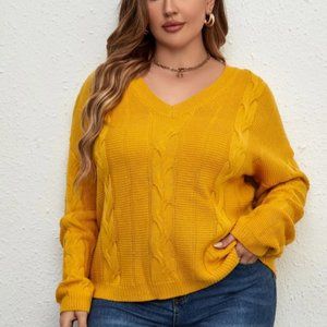 Yellow Cable Knit Sweater V neck Drop Shoulder